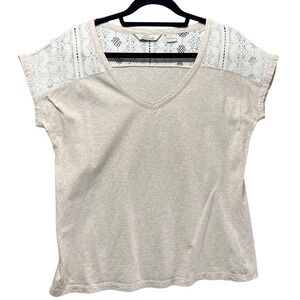 Bob Timberlake Lace Shoulder V-Neck Knit Top Beige‎ Short Sleeve Tee Women's L